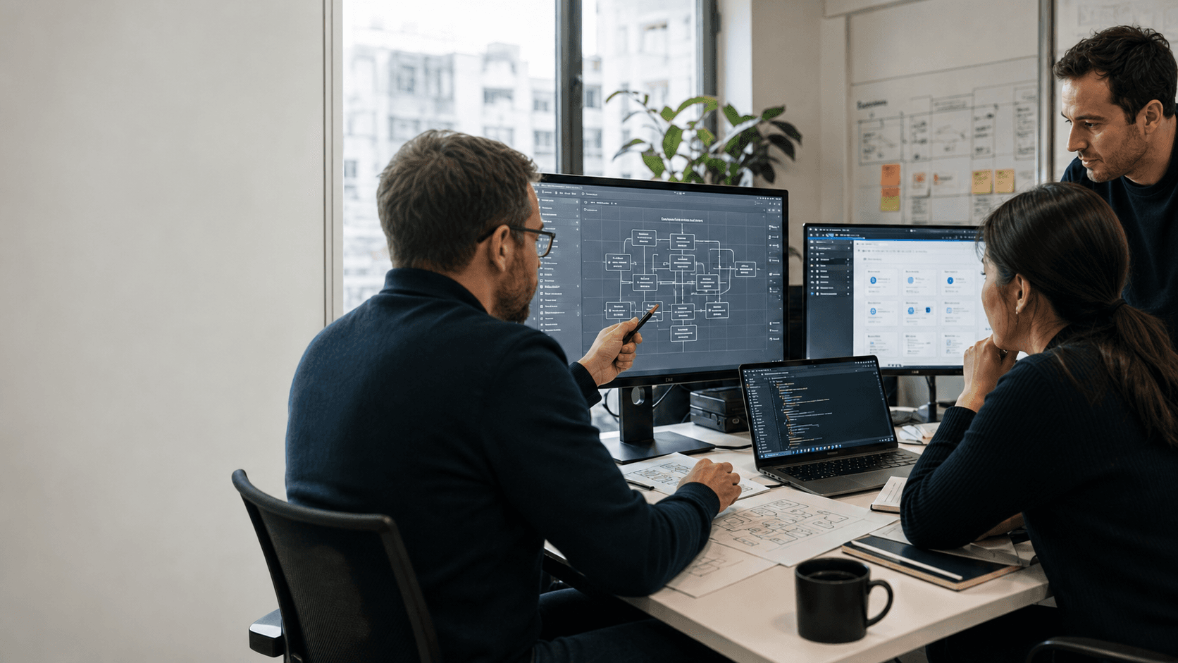 Senior software product team reviewing architecture and product delivery